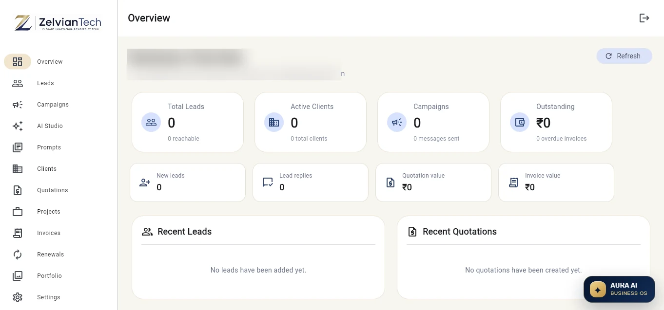Zelvian BusinessOS actual interface screenshot
